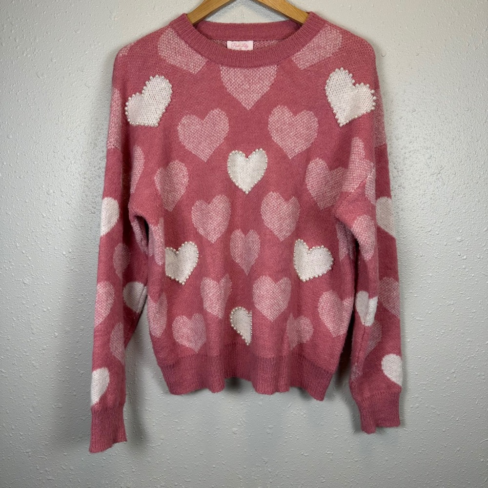 Pink Lily Womens M Sweater Pink Wool Blend Crewneck Pearl Hearts Valentines Day